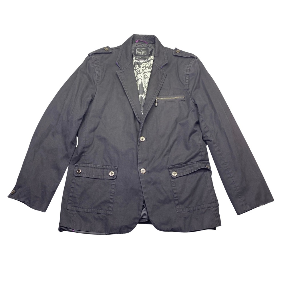 Marc Ecko Cut & Sew Mens XL Black Cotton Military Blazer Jacket Grenade Zip Y2K